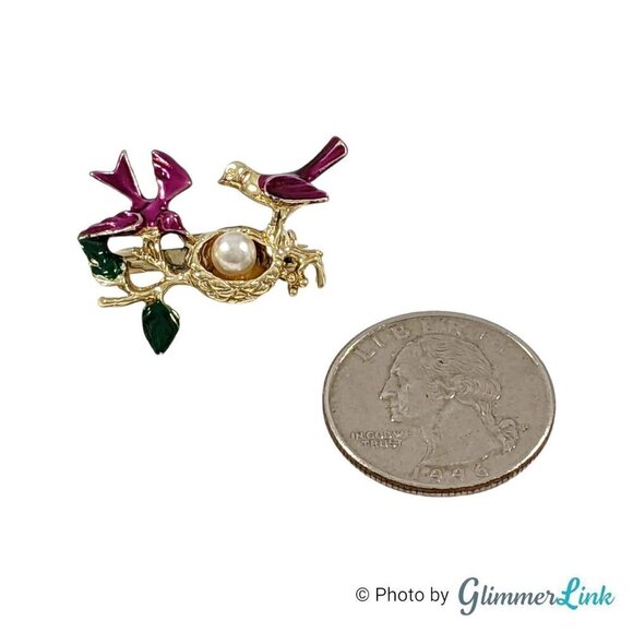 Purple Enamel Nesting Birds Faux Pearl Egg Gold Tone Brooch Pin - Picture 2 of 3